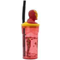 a red and yellow cup with a black straw in the shape of a man's head