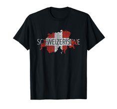 a black t - shirt with the words schweizersie in red and white