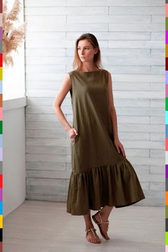 100% pure linen Italy. Linen dress. Flax dress. Linen tunic. | Etsy Sleeveless Linen Sundress With Ruffles, Sleeveless Linen Maxi Dress With Ruffles, Sleeveless Linen Dress With Ruffles For Summer, Summer Sleeveless Linen Dress With Ruffles, Green Sleeveless Linen Casual Dress, Casual Green Sleeveless Linen Dress, Green Sleeveless Linen Summer Dress, Linen Loose Dress, Dress Linen