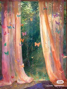 an image of a painting of butterflies flying out of the trees and into the woods