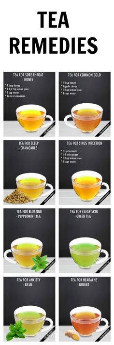 tea remedies in different bowls and cups