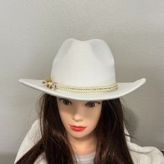 This Hat Is Perfect For The Bride At A Western Theme Wedding. It Is Stunning. Or, Hit The Rodeo Or Show Off Your Country Glam. This Cowboy/Cowgirl Hat Is Just What You Need! Made With High-Quality Material And A Gold Sequin Rope Hat Band, This Hat Is Durable And Eye-Catching. Plus, It's Perfect For Any Occasion! Made With 65% Cotton And 35% Polyester. Head Circumference 22.04"-22.83" #Goldssequinropehatband #Western #Country #White #Unisex #Bridal #Casual #Rodeo #Sequin #Gold ~ Smoke And Pet Fre White Brimmed Fedora For Kentucky Derby, White Fitted Fedora Straw Hat, White Fedora Hat For Kentucky Derby, White Panama Hat For Western-themed Events, White Fitted Panama Hat For Western-themed Events, Fitted White Panama Hat For Western-themed Events, White Fitted Panama Hat For Western Events, Fitted White Fedora Sun Hat, White Fitted Fedora Sun Hat