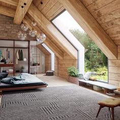 an attic bedroom with large windows and wooden walls, carpeted flooring, and a bed