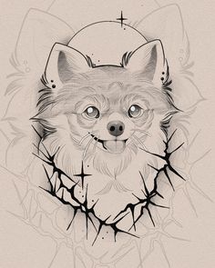 a drawing of a fox's head with the sun behind it and barbed wire around its neck