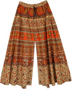 An ethnic Indian style print from its deep tribal roots - these pants feature prints that include flowers, vines, leaves, paisleys, and elephants.  They look like a skirt when you are wearing them but they are actually very generously wide-legged pants and have an elasticated waist with a functional drawstring. #tlb #SplitSkirtsPants #Printed #bohemianfashion #HippiePants Wide Leg Boho Pants, Bohemian Floral Print Full-length Pants, Bohemian Patterned Cotton Bottoms, Fitted Bohemian Bottoms With Paisley Print, Bohemian Paisley Print Bottoms For Festival, Bohemian Wide Leg Bottoms With Paisley Print, Bohemian Printed Cotton Bottoms, Bohemian Summer Pants With Paisley Print, Bohemian Spring Pants With Paisley Print