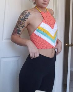 **READY TO SHIP** ONE SIZE FITS MOST Super retro colored halter top  Double ties for comfort Very unique retro style! Handmade by me!! You want find another top like this! <3 Retro Racerback Top, Fitted Retro Racerback Top, Retro Fitted Racerback Top, Trendy Cotton Triangle Halter Top, Trendy Halter Neck Beach Tops, Retro Multicolor Crochet Tops, Multicolor Triangle Halter Top For Spring, Multicolor Halter Neck Top For Festivals, Hippie Halter Neck Crochet Top For Summer