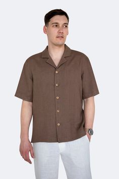 Experience effortless style and comfort with our Brown Linen Short Sleeve Shirt for Men. Crafted from high-quality, breathable linen, this shirt keeps you cool in warm weather. Its relaxed fit and classic design make it perfect for both casual outings and formal gatherings. With a camp collar, button-down front, and short sleeves, this shirt offers a timeless, laid-back look. The rich brown color adds sophistication, easily paired with various bottoms. Ideal for the beach, summer parties, or cas Linen Shirt Men Casual Summer, Short Sleeve Linen Shirt, Men Casual Summer, Brown Fits, Linen Shirt Men, Linen Short, Casual Summer Shirts, Shirt Men, Summer Shirts