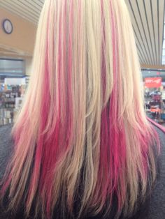 Hair by Joanna @ Regis Salon Lynnhaven Mall. Blonde top, black under with Magenta peek-a-boos Pink Peak A Boo Blonde Hair, Peak A Boo Blonde, Pink Peak A Boo, Peek A Boo Hair, Rock Your Locks, Blonde Colors, Peak A Boo, Gothic Hair, Salon Hair Color