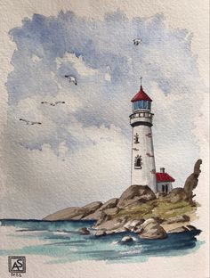 a watercolor painting of a lighthouse on an island with seagulls flying around