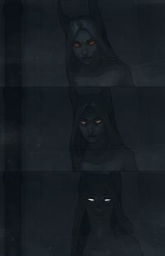 three different images of an evil woman with red eyes and black hair, in the dark