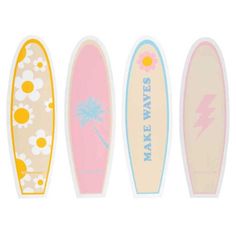 three surfboards with different designs on them, one has a palm tree and the other has flowers