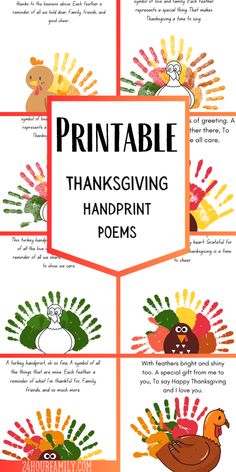 thanksgiving printables for kids to make with handprinted turkeys and pumpkins