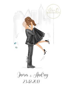 a drawing of a man and woman kissing in front of a cityscape with the words james & audrey on it