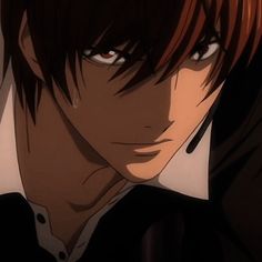 an anime character with red hair and black eyes looks at the camera while wearing a white collared shirt