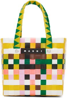 Basket-woven plastic tote in multicolor. · Fixed carry handles · Leather logo patch at face · Rivets at face and back face · Unlined · H5.5 x W5.75 x D3.5 · Total height: H9.75 Supplier color: Multicolor Multicolor Plastic Bag For Everyday Use, Multicolor Plastic Bags For Everyday Use, Multicolor Plastic Bags For Daily Use, Multicolor Travel Bag With Logo, Multicolor Plastic Travel Bag, Basket Woven, Basket Tote, Leather Logo, Rivets