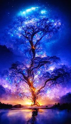 a tree that is in the middle of some water with lights on it and stars above