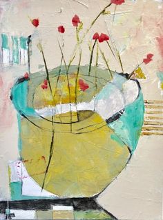 an abstract painting with flowers in a vase