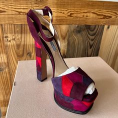 New With Tags Prada Platform Heels - Size 39, Brand New Condition, Comes With Box And Dust Bag Designer Purple Leather Heels, Designer Open Heel Purple Heels, Designer Purple Open Heel Heels, Prada Platform Heels, Prada Shoes, Platform Heels, Chunky Heels, Shoes Women Heels, Pink Purple