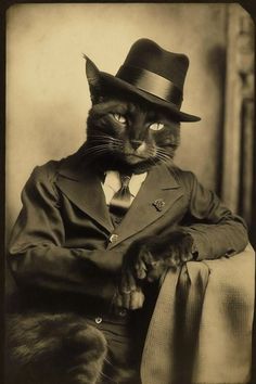 a black and white photo of a cat wearing a top hat, suit and tie