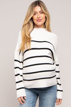 Ivory Striped Mock Neck Maternity Sweater– PinkBlush White Long Sleeve Sweater With Horizontal Stripes, White Knit Sweater With Horizontal Stripes, Maternity Sweater, Pink Blush Maternity, Maternity Clothes, Sweater Shop, Over 50, Mock Neck, Blush Pink