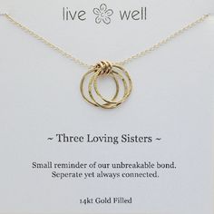 Three Loving Sisters Gold Necklace By Live Well Three Sisters Jewelry, Sisters Necklace, Meaningful Necklace, Sister Jewelry, Sister Necklace, Close Relationship, Clay Bracelet, Gold Filled Hoops, Meaningful Jewelry