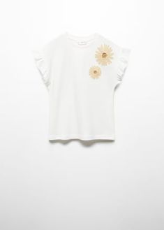 Embossed flowers t-shirt - Women | Mango USA Cotton Ruffle Sleeve Tops With Floral Print, Cotton Tops With Floral Print And Ruffle Sleeves, Cotton Tops With Ruffle Sleeves And Floral Print, Cotton Top With Floral Print And Ruffle Sleeves, Summer T-shirt With Ruffle Sleeves And Relaxed Fit, Spring Cotton T-shirt With Ruffle Sleeves, Summer Floral Embroidery Ruffle Sleeve Tops, Casual Tops With Floral Embroidery And Ruffle Sleeves, Cotton Tops With Floral Embroidery And Ruffle Sleeves