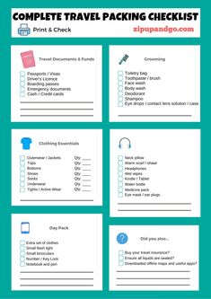 printable travel packing checklist with the text perfect travel packing checklist on it