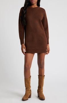 Add something simple yet chic to your cold-weather wardrobe with this wool-kissed sweater-dress knit with cozy ribbed trim and a leggy mini length. 33" length Crewneck Long sleeves Ribbed cuffs and hem 55% polyester, 20% acrylic, 13% nylon, 8% wool, 4% elastane Dry clean Imported Sweater Dress Tall Boots, Brown Sweater Dress, Mini Sweater, Dress Knit, Favorite Daughter, Romantic Dress, Mini Sweater Dress, Maternity Shops, Designer Clothes For Men