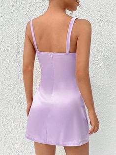 Discover elegance with our Barbie Solid Cami Backless Zipper Dress, a perfect blend of simplicity and style. This dress boasts a casual and plain pattern, complemented by details like a backless feature and a convenient zipper. Embrace comfort with its sleeveless cami design and mini length, made even better by the slight stretch fabric for flexibility. A truly versatile addition to your wardrobe! Features: Style: Casual Pattern Type: Plain Details: Backless, Zipper Type: Cami Sleeve Length: Sle Satin Cami Dress, Comfy Jumpsuits, Zipper Dress, Satin Cami, Dress Zipper, Best Relationship, Purple Dress, Pink Dress, Stretch Fabric