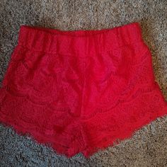 Never Worn Red Lace Shorts Red Bottoms With Built-in Shorts For Vacation, Red Stretch Bottoms For Vacation, Red High Waist Shorts For Day Out, Stretch Red Bottoms For Day Out, Red Bottoms With Built-in Shorts For Summer, Red Shorts For Beach In Spring, High Waist Red Bottoms For Vacation, Red Bermuda Shorts For Summer, Red Vacation Bottoms With Built-in Shorts