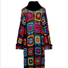 Souvenir Clubbing Italy Crochet Granny Square Knit Rainbow Midi Dress Medium Vibrant Crochet Midi Biggest Trend Of The Season Luxuries And Vibrant Multicolor Knit Dresses For Winter, Black Bohemian Crochet Dress, Bohemian Multicolor Winter Dress, Black Bohemian Dress For Winter, Crochet Midi, Crochet Granny, Granny Square, Black And Red, Midi Dress