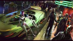 some people are standing around a futuristic car