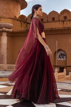 Buy Maroon Organza And Georgette Embroidery Cape & Waistband Lehenga Set For Women by Ridhima Bhasin Online at Aza Fashions. Organza Cape, Ridhima Bhasin, Jacket Cape, Padded Blouse, Embroidered Lehenga, Luxury Sale, Beaded Neckline, Pattern Embroidery, Scalloped Trim