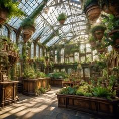 the inside of a greenhouse with lots of plants