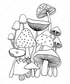 a black and white drawing of mushrooms