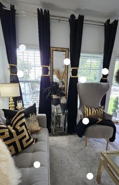 Grey White Black And Gold Living Room, Black Gold Furniture Living Room, Gray Gold Black Living Room, Sleek Modern Home Decor, Two Dining Rooms, Grey Gold And Black Living Room, Black White Gold Silver Living Room, Black White And Gold Living Room Ideas