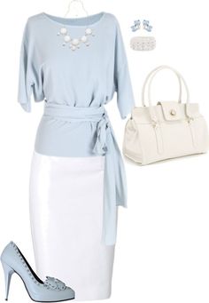 "Pale Blue and White - Contest" by angelysty on Polyvore  #sunglasses #accessories #blouse #college #fashion #gameday #outfit #style Chique Outfits, Komplette Outfits, Mode Inspiration, Work Attire, Work Clothes, Work Fashion, Powder Blue, Heel Shoes, Fashion Sense