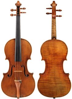 two violin's side by side, one with the back turned to look like wood