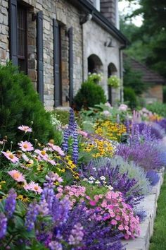 an assortment of flowers line the side of a building with stone edgings and windows