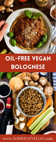 the ingredients for an oil - free vegan bolognzoe are shown in this collage