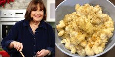 a woman standing next to a bowl of food