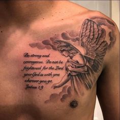 a man's chest with an angel and bible verse tattoo on his chest,