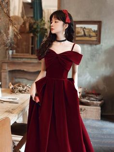 Wine Red Velvet Off Shoulder Long Evening Dress, Dark Red Party Dress ��– Cutedressy Wine Red Prom Dress Short, Burgundy Victorian Dress, A Line Gown Evening Party, Red Velvet Dress Aesthetic, Dark Red Dress Outfit, Red Dress Outfit Party, Dark Red Party Dress, Dark Red Dress Long, Burgundy Dress Formal