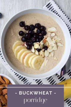 a bowl of oatmeal topped with bananas and almonds