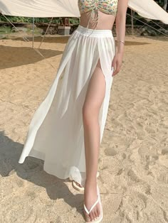 White  Collar  Chiffon Plain  Embellished Slight Stretch  Women Clothing Flowy Dance Skirt, Beach Outfit Dress Beachwear, Maxi Skirt Beach Outfit, White Beach Outfits Women, Decora Fashion Aesthetic, Beach Outfit Skirt, Swimsuit With Skirt Coverup, Swim Cover Up, Sarong Outfit