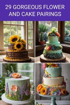 various cakes with flowers and plants on them are featured in the cover of the book, 29 gorgeous flower and cake pairings