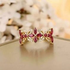 Womens Wedding Ring 925 Silver Gold Finish 2Ct Marquise Cut Simulated Ruby Womens Bright Scrolled Ring With Band, Ring Women Wedding, Gild Rings For Women, Beautiful Wedding Rings Ruby, Marquise Ruby Wedding Rings, Rudy Wedding Rings, Stone Rings Design, Gem Stone Rings, Gem Engagement Rings