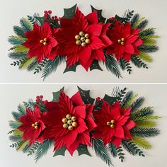 two pictures of poinsettis with green leaves and red flowers