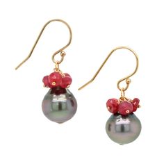 Add a touch of sparkle and shine to your look with these stunning earrings featuring a cluster of Rubies  and a classic Black Tahitian Pearl. The ruby red rondels add a subtle sparkly element, making these earrings a perfect choice for any occasion. Measures: 1" long. x 1/2" wide. Please do not wear this in the shower, swimming or use hair spray, perfumes, etc...directly on it.  You can clean the stones with a soft cloth, if need be. Please keep in provided Pouch when not wearing. Ruby And Pearl Earrings, Ruby Pearl Earrings, Luxury Elegant Red Pearl Earrings, Luxury Red Pearl Earrings, Elegant Style, Red Ruby Pear-shaped Earrings, Tahitian Black Pearls, September Birthstone Jewelry, Hair Spray, Forever Jewelry