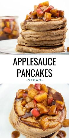 pancakes are stacked on top of each other and topped with applesauce, caramel and chocolate sauce